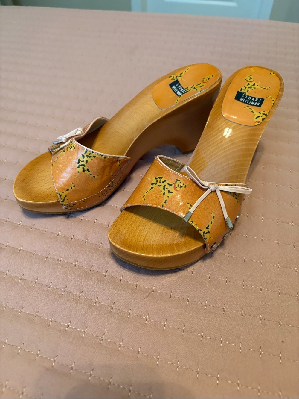 Stuart Weitzman Orange and Yellow Patterned Wedge Sandals